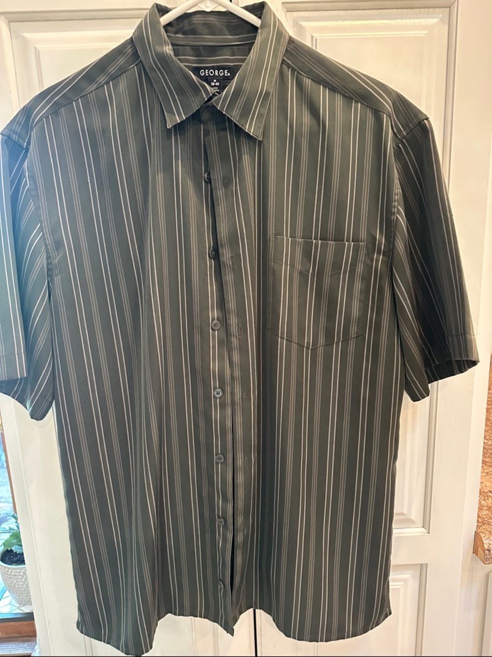George Short-Sleeve Vertical Stripe Button-Down Shirt - Gray with White Stripes